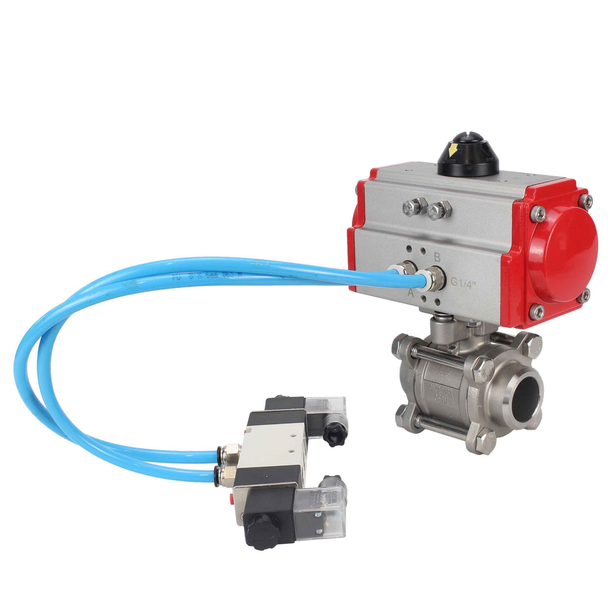 Vannes à boisseau sphérique Elephant BV3232P(3pc)-FP-W-ISO-H 16 bar/25, passage intégral à souder, acier inoxydable SS316, joint - PTFE, avec actionneur pneumatique double effet PA-DA, avec distributeur pneumatique 4V320-10 220V