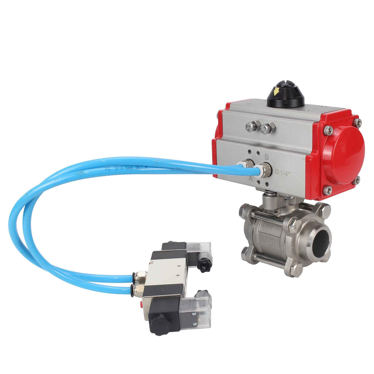 Vannes à boisseau sphérique Elephant BV3232P(3pc)-FP-W-ISO-H 16 bar/25, passage intégral à souder, acier inoxydable SS316, joint - PTFE, avec actionneur pneumatique double effet PA-DA, avec distributeur pneumatique 4V320-10 220V