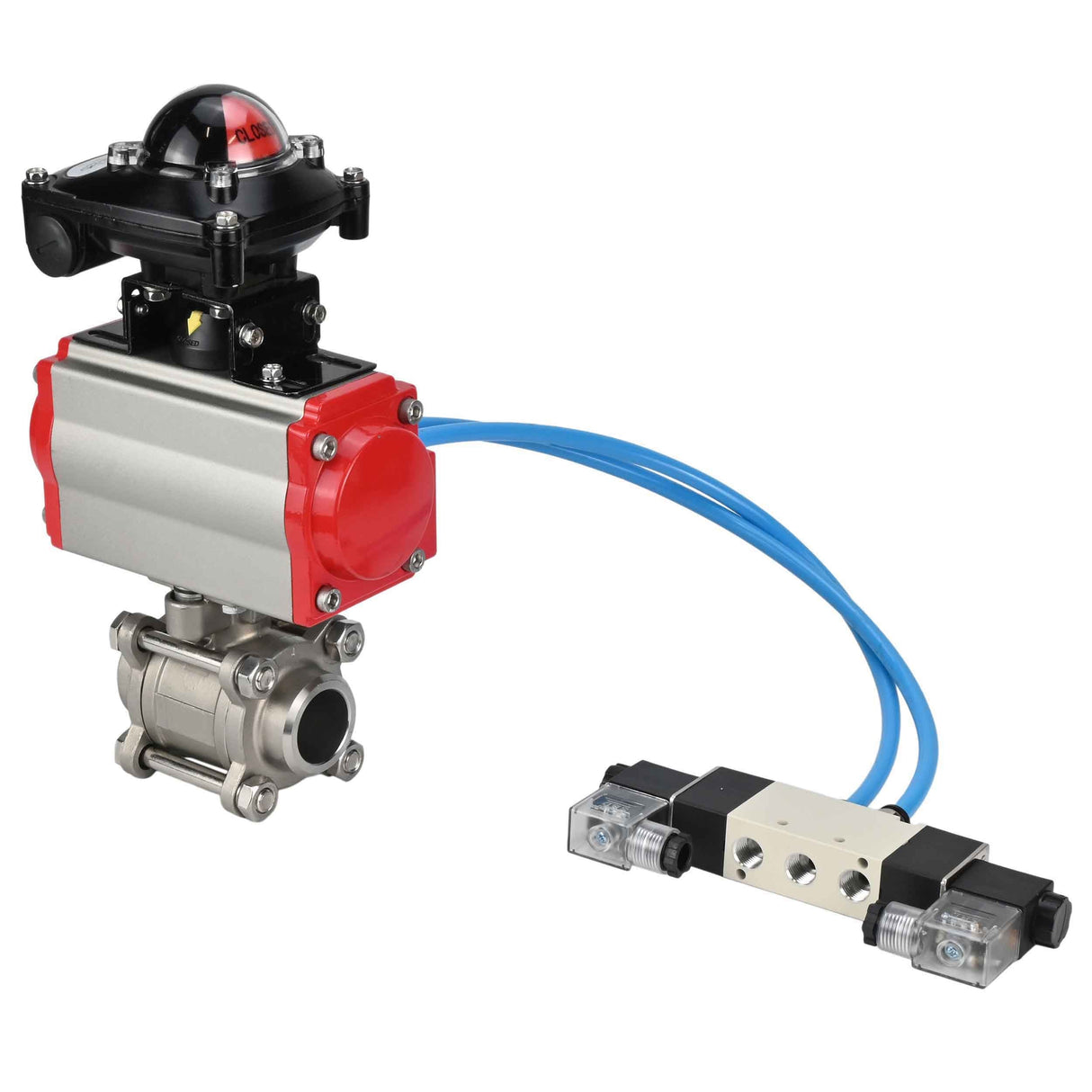 Vannes à boisseau sphérique Elephant BV3232P(3pc)-FP-W-ISO-H 16 bar/25, passage intégral à souder, acier inoxydable SS316, joint - PTFE, avec actionneur pneumatique double effet PA-DA, avec distributeur pneumatique 4V320-10 220V, avec BKV APL-210N