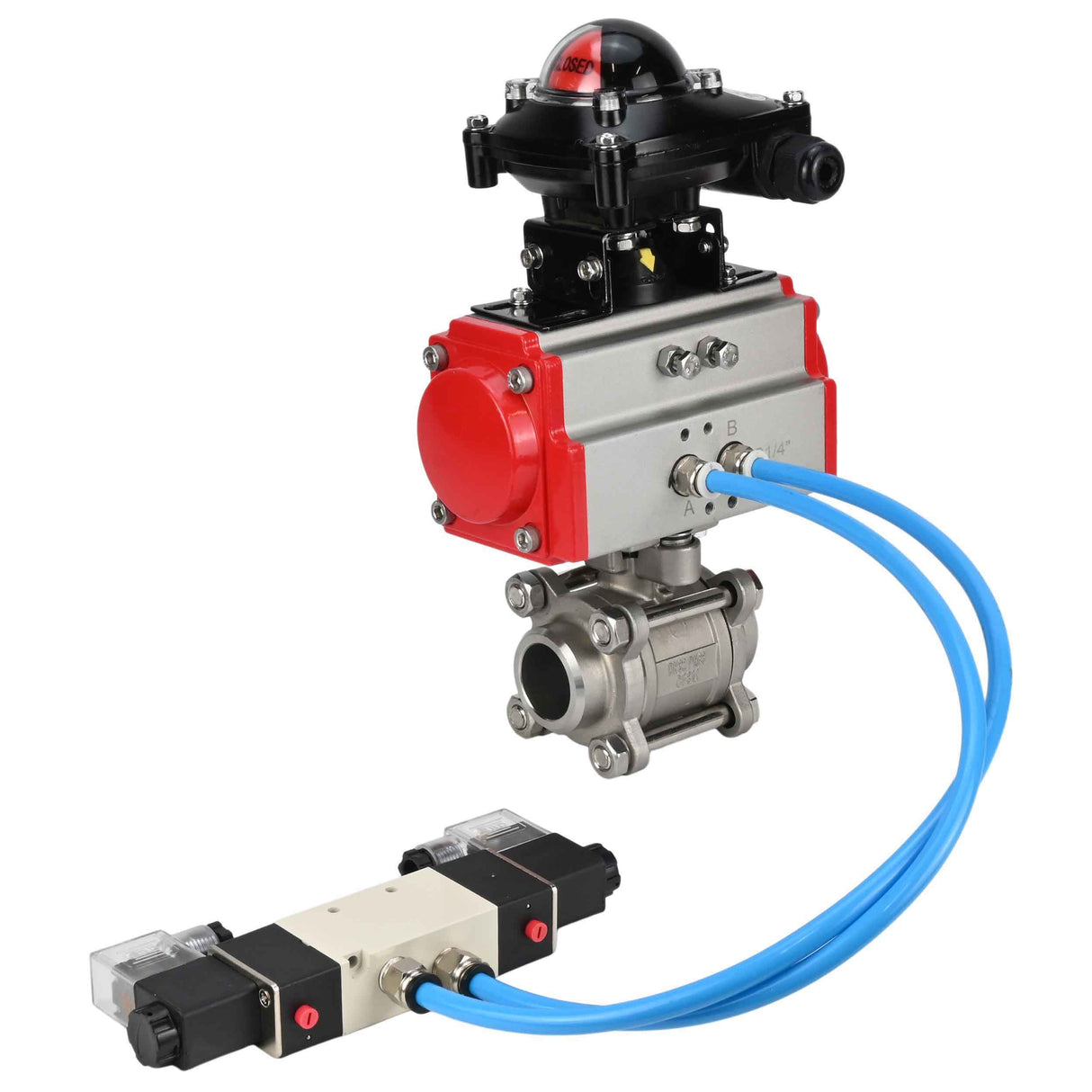 Vannes à boisseau sphérique Elephant BV3232P(3pc)-FP-W-ISO-H 16 bar/25, passage intégral à souder, acier inoxydable SS316, joint - PTFE, avec actionneur pneumatique double effet PA-DA, avec distributeur pneumatique 4V320-10 220V, avec BKV APL-210N