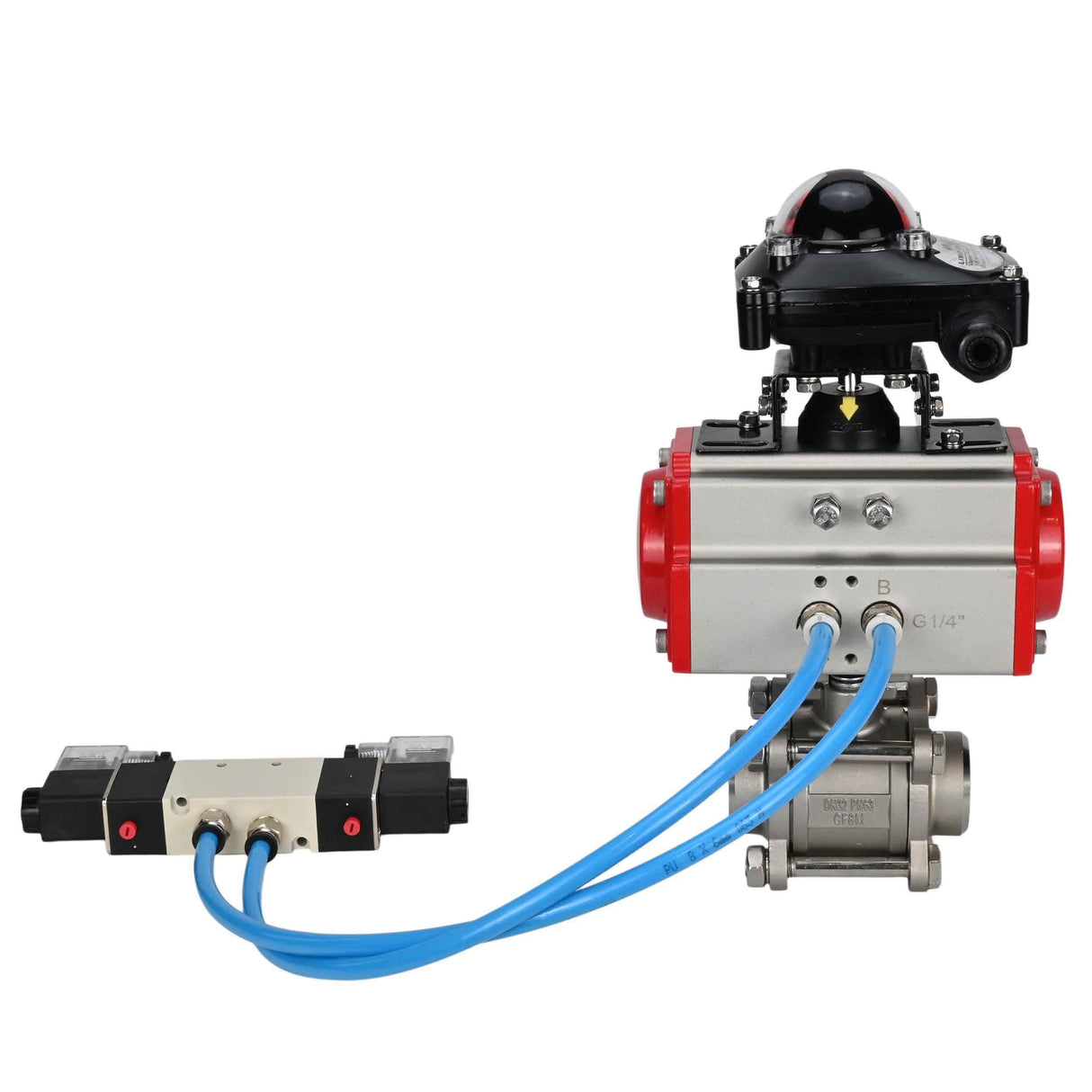 Vannes à boisseau sphérique Elephant BV3232P(3pc)-FP-W-ISO-H 16 bar/25, passage intégral à souder, acier inoxydable SS316, joint - PTFE, avec actionneur pneumatique double effet PA-DA, avec distributeur pneumatique 4V320-10 220V, avec BKV APL-210N