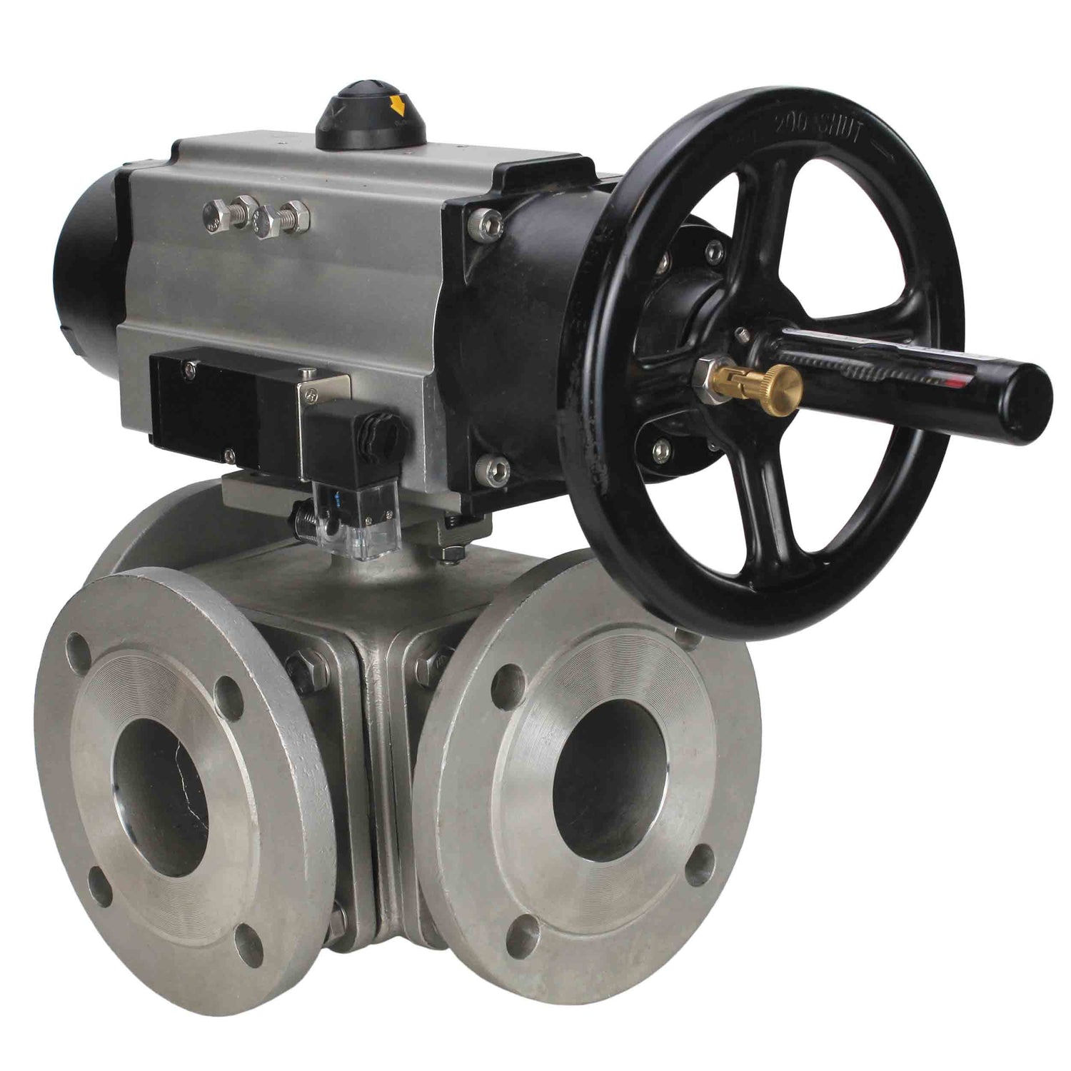 Ball valves Elephant BV3232P(4pc)-FP-3WL-F-ISO-H DN100 16 bar full bore, flanged, body - stainless steel SS316, ISO flange F10/F12, square 19x19, with double pneumatic actuator PA-DA-105-1 action and pneumatic distributor 4M310-08 24V