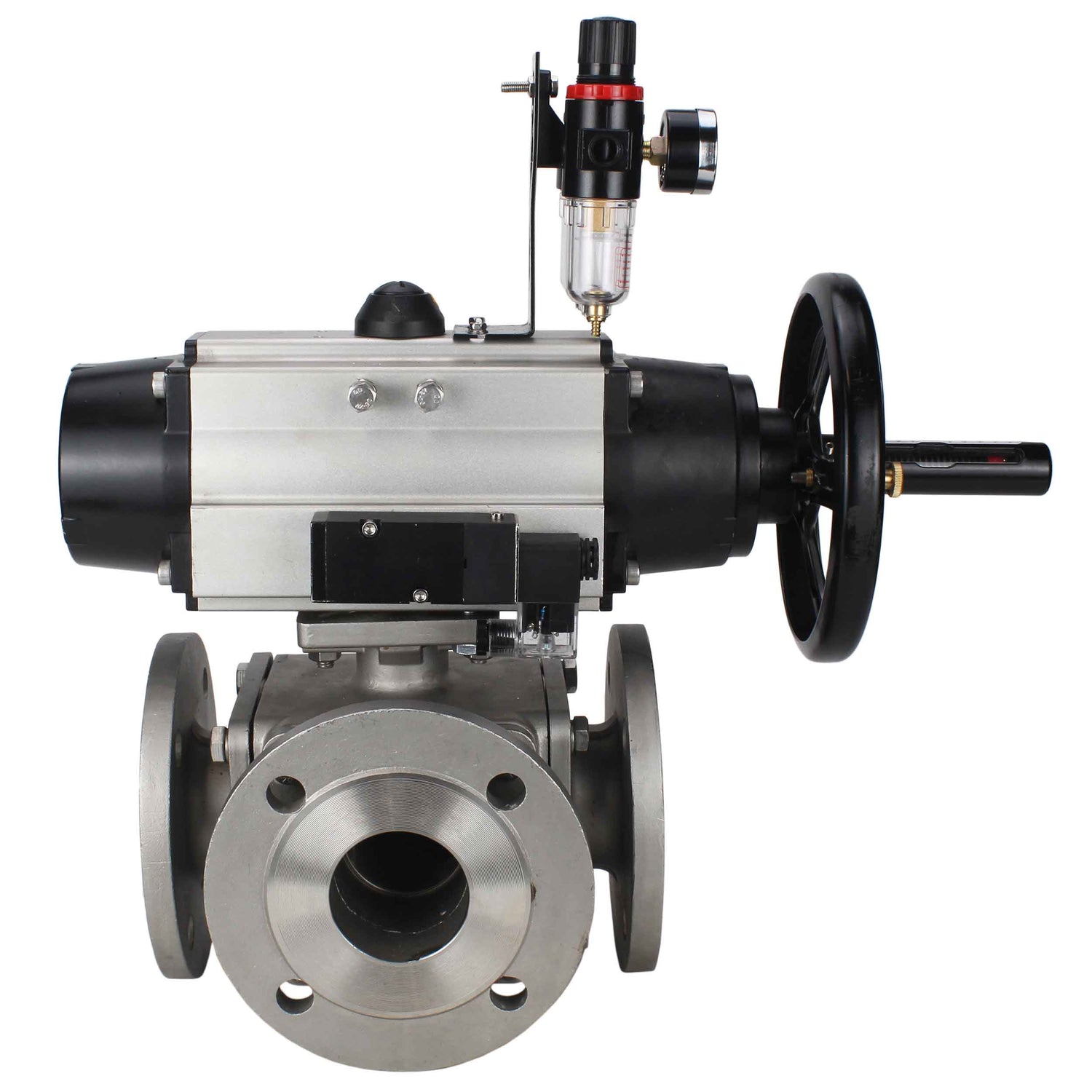 Ball valves Elephant BV3232P(4pc)-FP-3WL-F-ISO-H DN100 16 bar full bore, flanged, body - stainless steel SS316, ISO flange F10/F12, square 19x19, with double pneumatic actuator PA-DA-105-1 action, pneumatic distributor 4M310-08 24V and ATU AFC2000