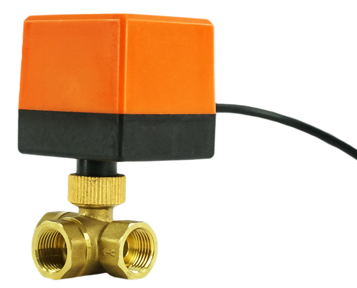 Válvula de bola de latón de 3 vías Rosca NPT/BSP Puerto estándar tipo T Elephant RP.BRASS.120.MM 232 PSI con accionamiento eléctrico 110VAC sin interruptores de límite