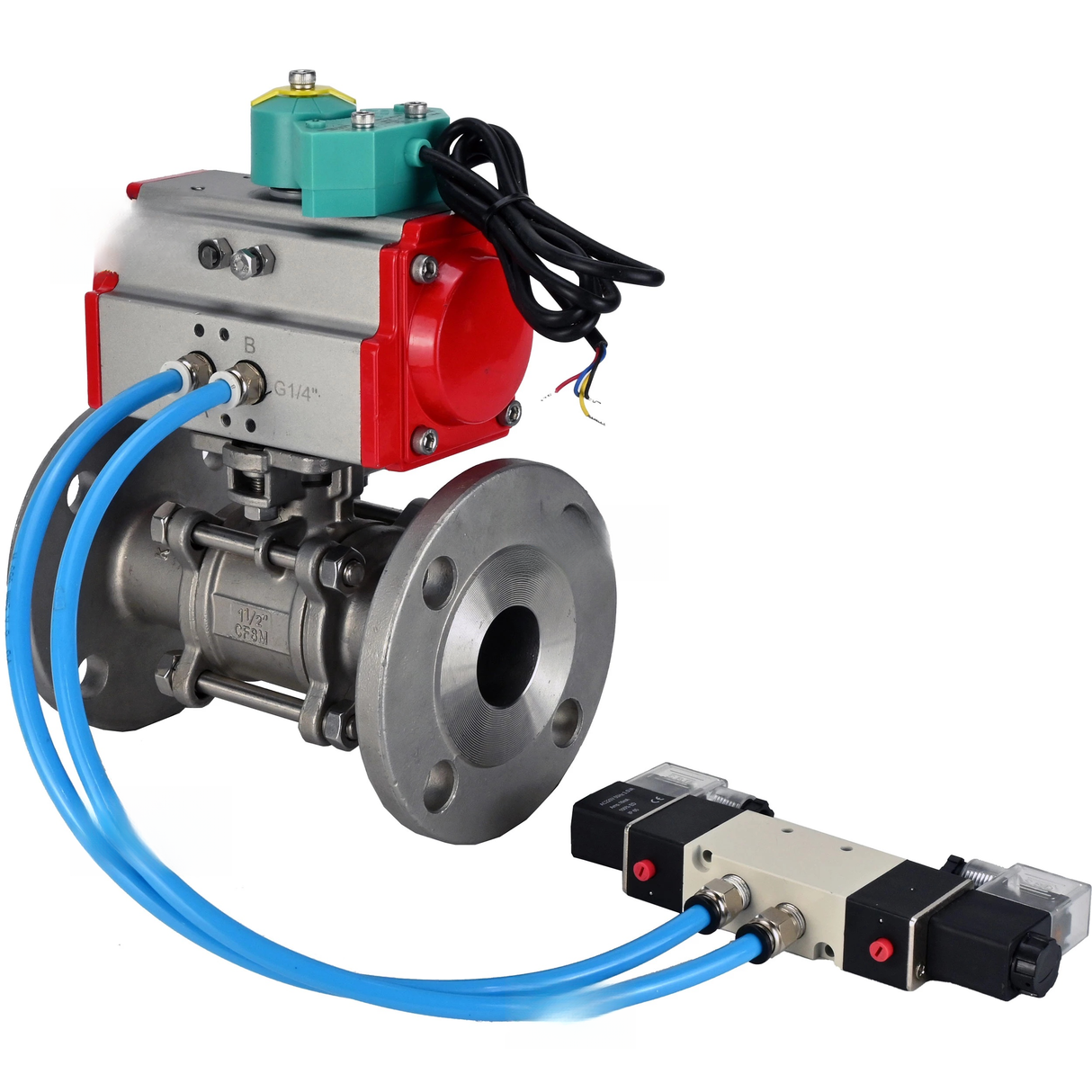 Ball valves Elephant BV3131P(3pc)-FP-F-ISO-H DN15-100 16/40 bar full-bore three-piece, flanged, 304 stainless steel, seal - PTFE, with PA-SA pneumatic actuator, pneumatic distributor 4V320-08 220V and ALS200D magnetic switch