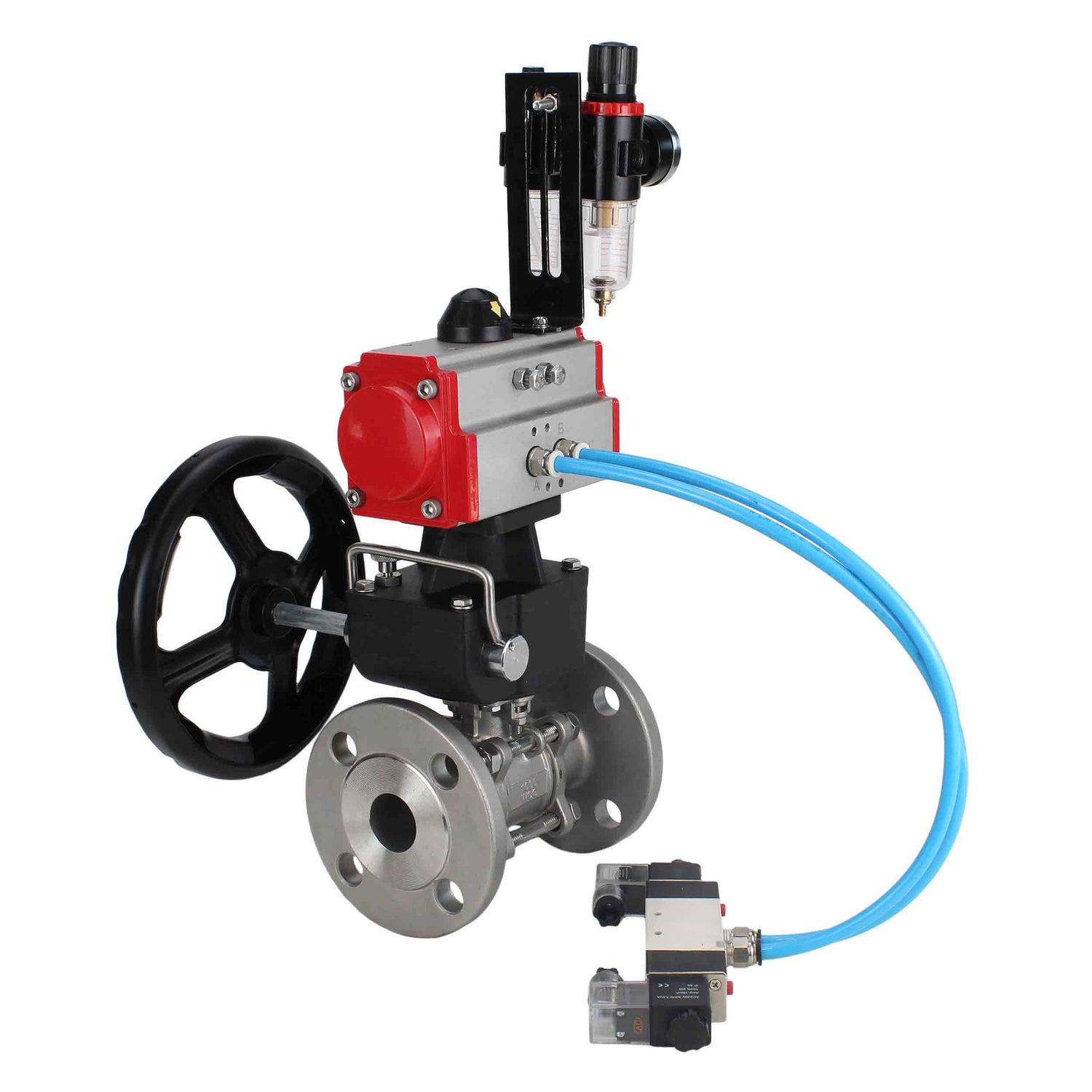 Ball valves Elephant BV3232P(3pc)-FP-F-ISO-H,  body material - Stainless steel AISI 316, seal - PTFE / PTFE / Teflon, with pneumatic actuator double action PA-DA, 4V320-10 220V, handwheel MON, ATU AFC2000