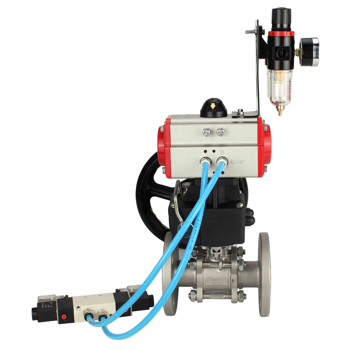 Ball valves Elephant BV3232P(3pc)-FP-F-ISO-H,  body material - Stainless steel AISI 316, seal - PTFE / PTFE / Teflon, with pneumatic actuator double action PA-DA, 4V320-10 220V, handwheel MON, ATU AFC2000