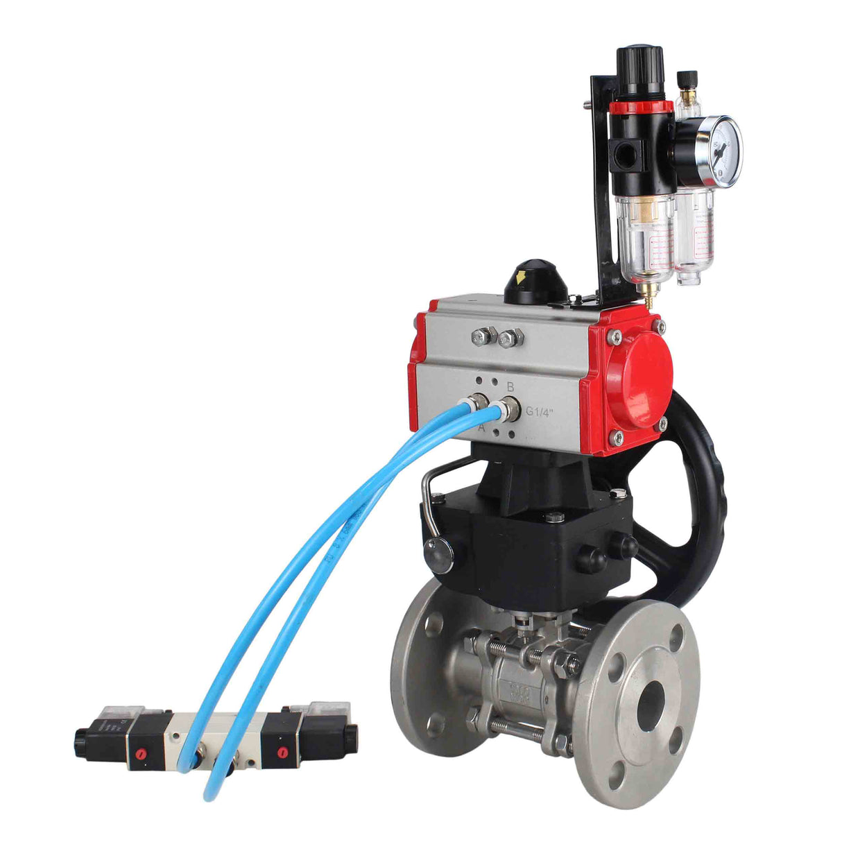 Ball valves Elephant BV3232P(3pc)-FP-F-ISO-H,  body material - Stainless steel AISI 316, seal - PTFE / PTFE / Teflon, with pneumatic actuator double action PA-DA, 4V320-10 220V, handwheel MON, ATU AFC2000