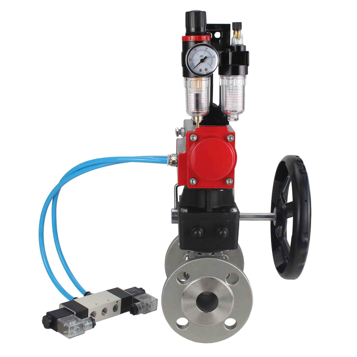 Ball valves Elephant BV3232P(3pc)-FP-F-ISO-H,  body material - Stainless steel AISI 316, seal - PTFE / PTFE / Teflon, with pneumatic actuator double action PA-DA, 4V320-10 220V, handwheel MON, ATU AFC2000