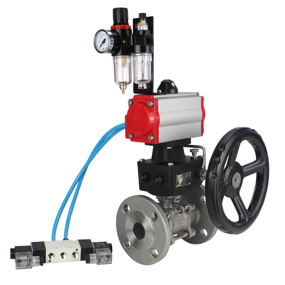 Ball valves Elephant BV3232P(3pc)-FP-F-ISO-H,  body material - Stainless steel AISI 316, seal - PTFE / PTFE / Teflon, with pneumatic actuator double action PA-DA, 4V320-10 220V, handwheel MON, ATU AFC2000