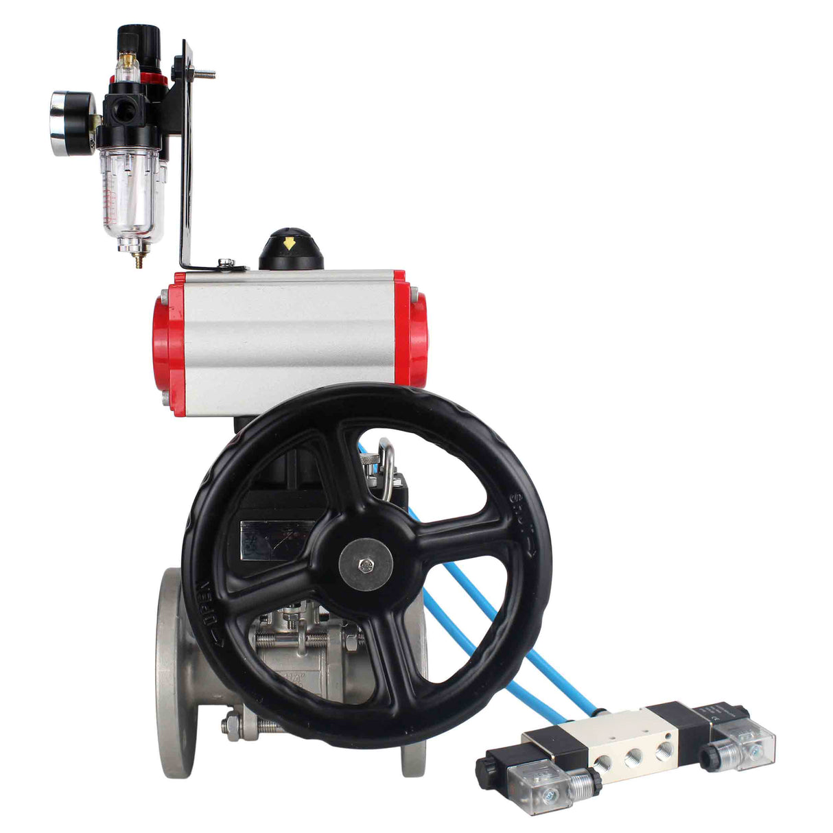 Ball valves Elephant BV3232P(3pc)-FP-F-ISO-H,  body material - Stainless steel AISI 316, seal - PTFE / PTFE / Teflon, with pneumatic actuator double action PA-DA, 4V320-10 220V, handwheel MON, ATU AFC2000
