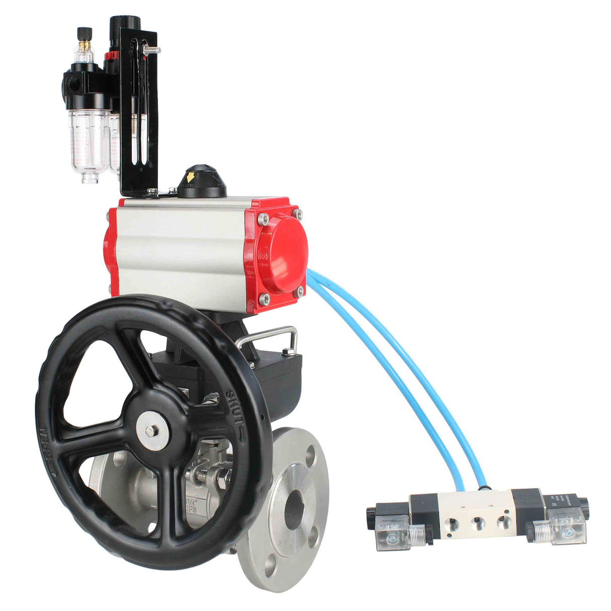 Ball valves Elephant BV3232P(3pc)-FP-F-ISO-H,  body material - Stainless steel AISI 316, seal - PTFE / PTFE / Teflon, with pneumatic actuator double action PA-DA, 4V320-10 220V, handwheel MON, ATU AFC2000