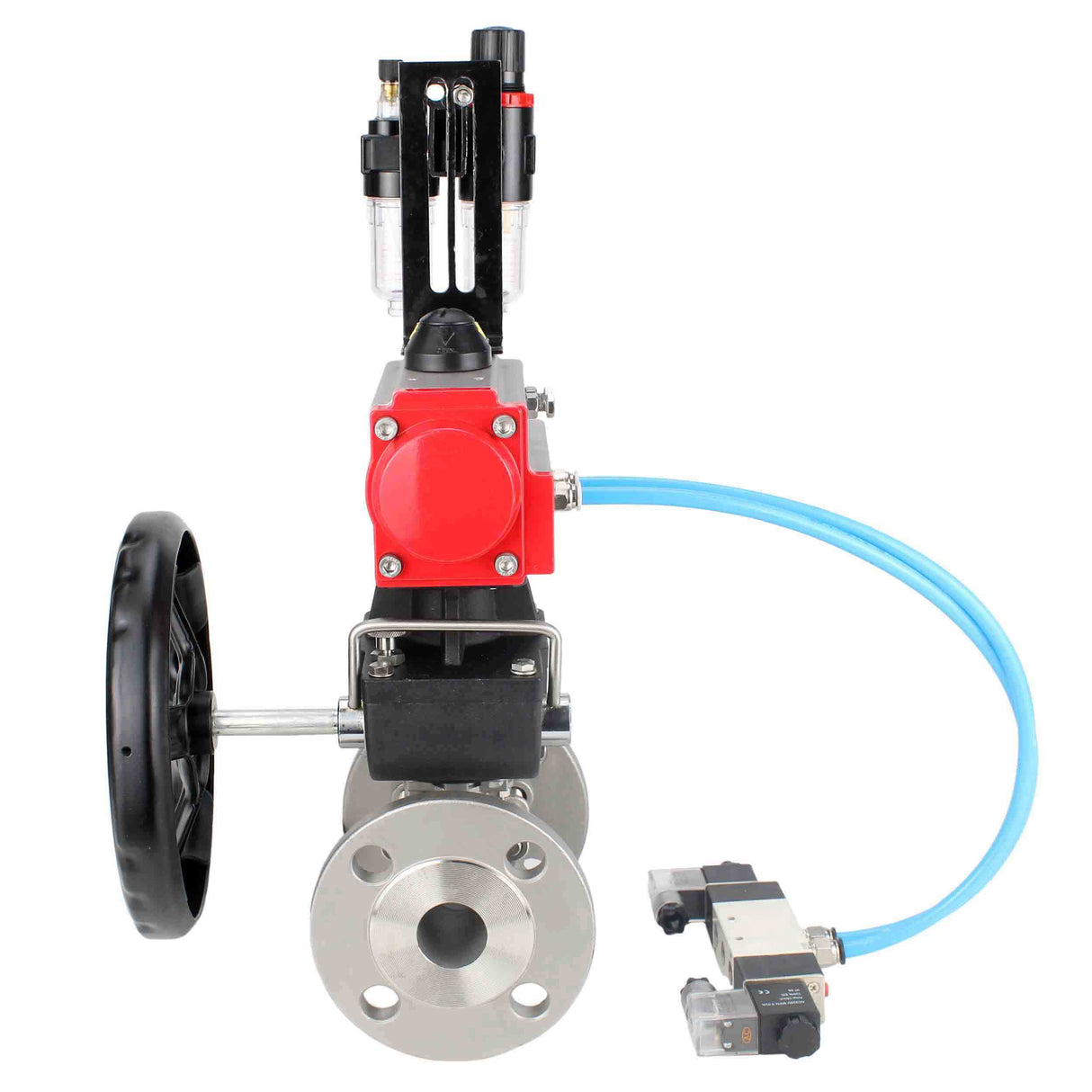 Ball valves Elephant BV3232P(3pc)-FP-F-ISO-H,  body material - Stainless steel AISI 316, seal - PTFE / PTFE / Teflon, with pneumatic actuator double action PA-DA, 4V320-10 220V, handwheel MON, ATU AFC2000