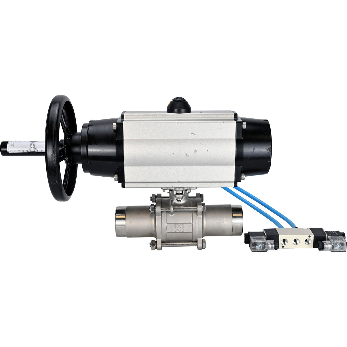 Ball valves Elephant BV3131P(3pc)-FP-W-ISO-H LONG, body material - Stainless steel AISI 304, seal - PTFE / PTFE / Teflon, with pneumatic actuator double action PA-DA-105-1, 4V320-10 220V