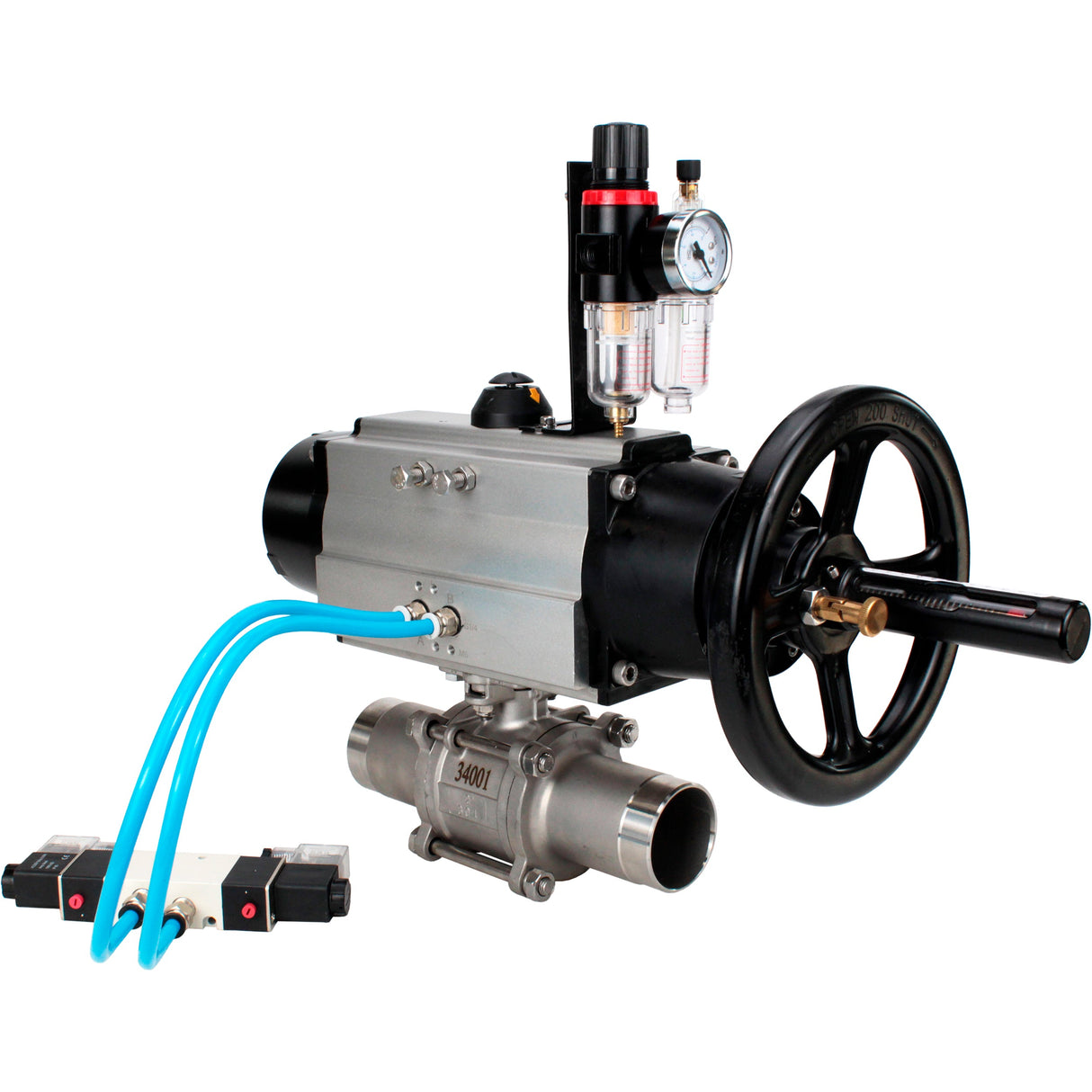 Ball valves Elephant BV3131P(3pc)-FP-W-ISO-H LONG, body material - Stainless steel AISI 304, seal - PTFE / PTFE / Teflon, with pneumatic actuator double action PA-DA-105-1, 4V320-10 220VATU AFC2000