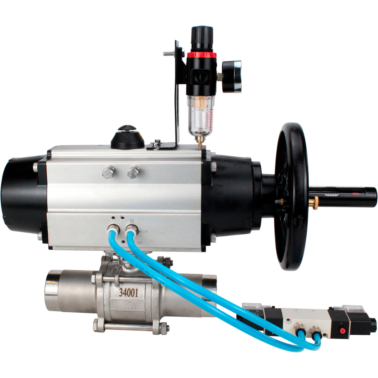 Ball valves Elephant BV3131P(3pc)-FP-W-ISO-H LONG, body material - Stainless steel AISI 304, seal - PTFE / PTFE / Teflon, with pneumatic actuator double action PA-DA-105-1, 4V320-10 220VATU AFC2000