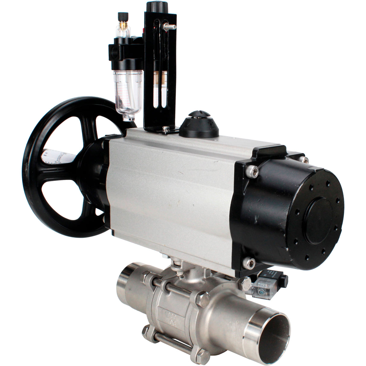 Ball valves Elephant BV3131P(3pc)-FP-W-ISO-H LONG, body material - Stainless steel AISI 304, seal - PTFE / PTFE / Teflon, with pneumatic actuator double action PA-DA-105-1, 4V320-10 220VATU AFC2000