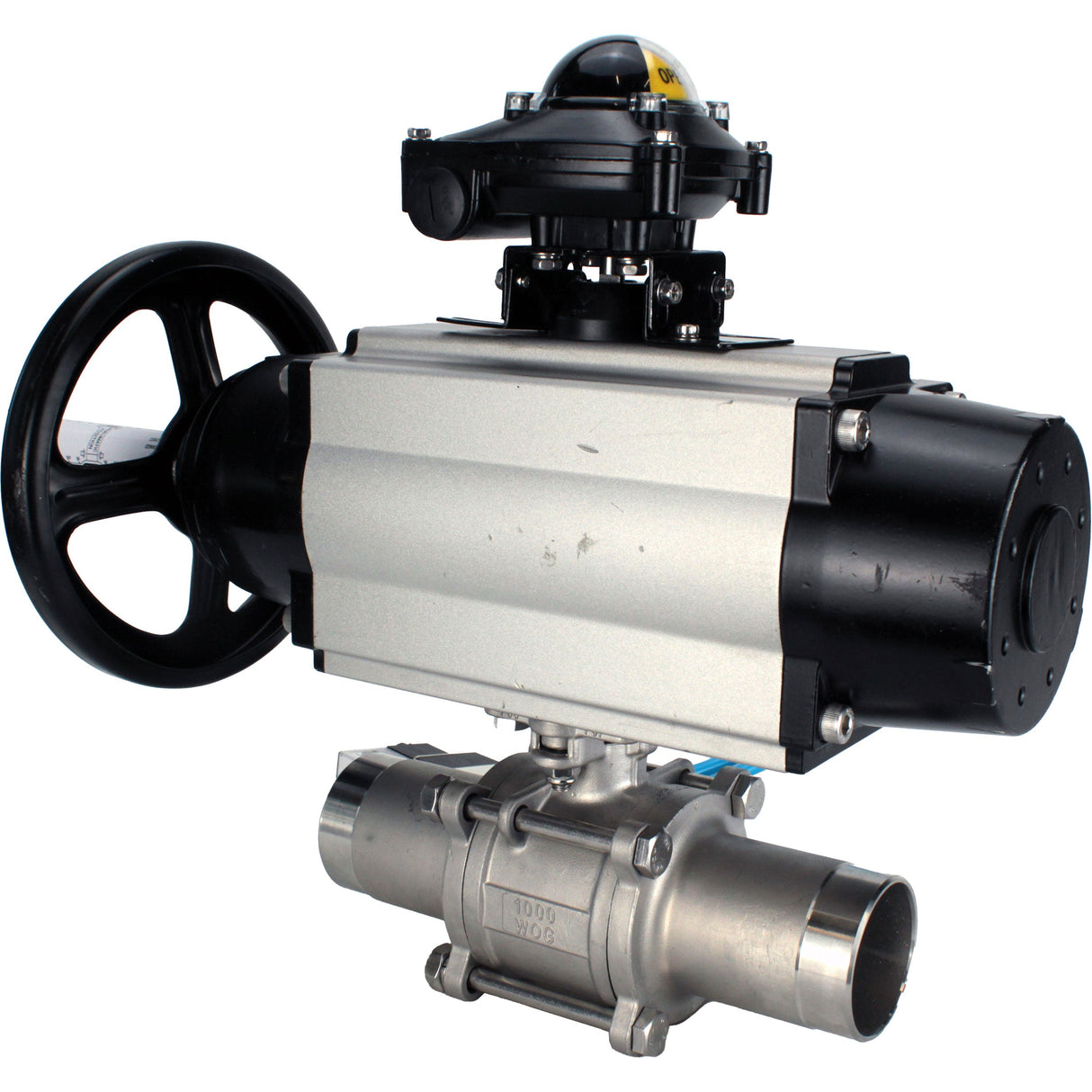 Ball valves Elephant BV3131P(3pc)-FP-W-ISO-H LONG, body material - Stainless steel AISI 304, seal - PTFE / PTFE / Teflon, with pneumatic actuator double action PA-DA-105-1, 4V320-10 220V, LSU APL-210N