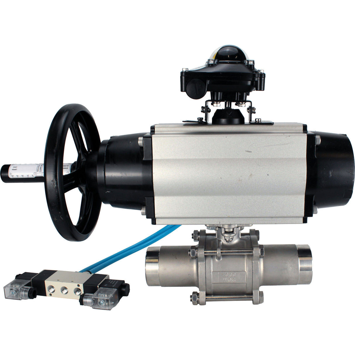 Ball valves Elephant BV3131P(3pc)-FP-W-ISO-H LONG, body material - Stainless steel AISI 304, seal - PTFE / PTFE / Teflon, with pneumatic actuator double action PA-DA-105-1, 4V320-10 220V, LSU APL-210N