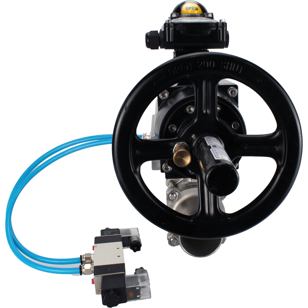 Ball valves Elephant BV3131P(3pc)-FP-W-ISO-H LONG, body material - Stainless steel AISI 304, seal - PTFE / PTFE / Teflon, with pneumatic actuator double action PA-DA-105-1, 4V320-10 220V, LSU APL-210N