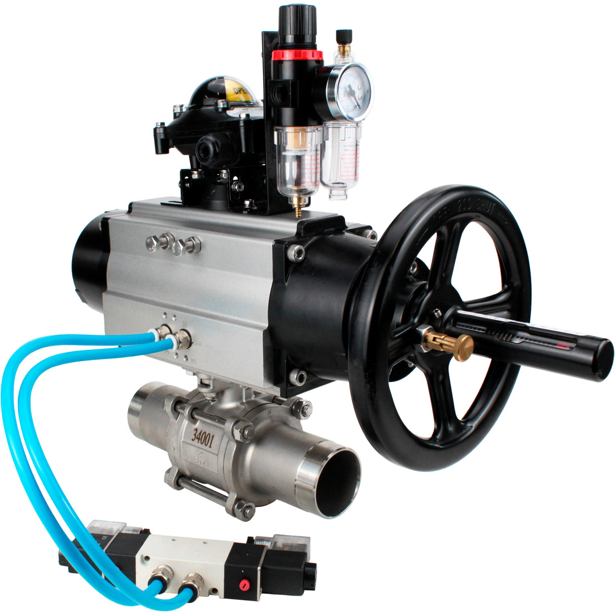 Ball valves Elephant BV3131P(3pc)-FP-W-ISO-H LONG, body material - Stainless steel AISI 304, seal - PTFE / PTFE / Teflon, with pneumatic actuator double action PA-DA-105-1, 4V320-10 220V, LSU APL-210N, ATU AFC2000