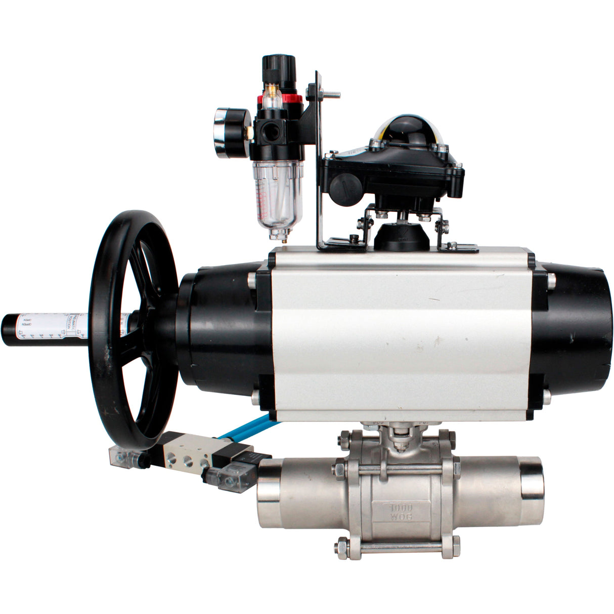 Ball valves Elephant BV3131P(3pc)-FP-W-ISO-H LONG, body material - Stainless steel AISI 304, seal - PTFE / PTFE / Teflon, with pneumatic actuator double action PA-DA-105-1, 4V320-10 220V, LSU APL-210N, ATU AFC2000