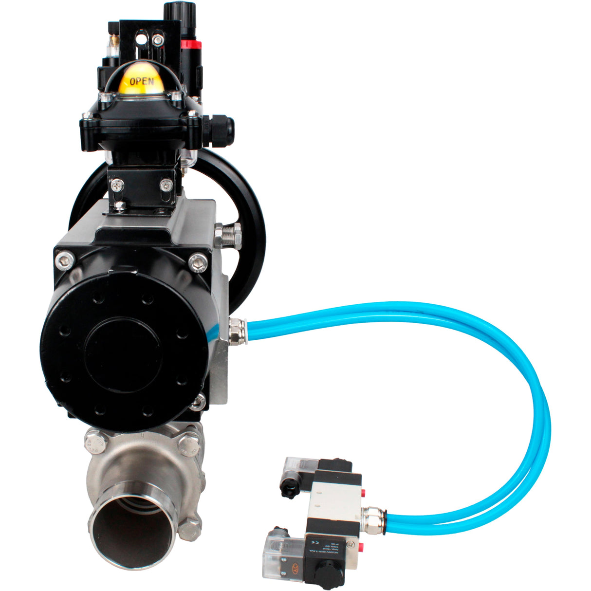 Ball valves Elephant BV3131P(3pc)-FP-W-ISO-H LONG, body material - Stainless steel AISI 304, seal - PTFE / PTFE / Teflon, with pneumatic actuator double action PA-DA-105-1, 4V320-10 220V, LSU APL-210N, ATU AFC2000