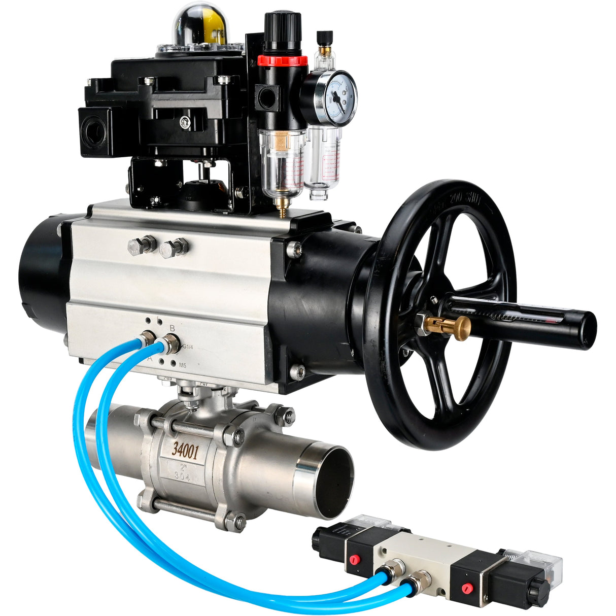 Ball valves Elephant BV3131P(3pc)-FP-W-ISO-H LONG, body material - Stainless steel AISI 304, seal - PTFE / PTFE / Teflon, with pneumatic actuator double action PA-DA-105-1, 4V320-10 220V, LSU APL-410N Ex, ATU AFC2000