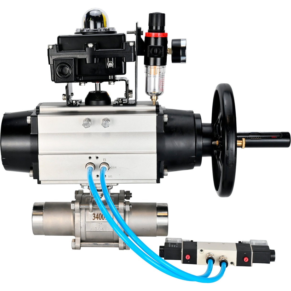 Ball valves Elephant BV3131P(3pc)-FP-W-ISO-H LONG, body material - Stainless steel AISI 304, seal - PTFE / PTFE / Teflon, with pneumatic actuator double action PA-DA-105-1, 4V320-10 220V, LSU APL-410N Ex, ATU AFC2000