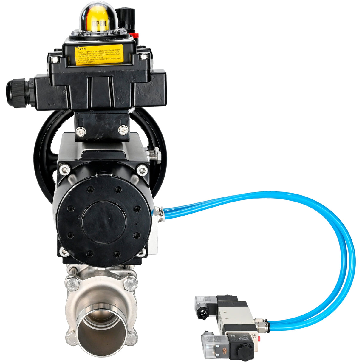 Ball valves Elephant BV3131P(3pc)-FP-W-ISO-H LONG, body material - Stainless steel AISI 304, seal - PTFE / PTFE / Teflon, with pneumatic actuator double action PA-DA-105-1, 4V320-10 220V, LSU APL-410N Ex, ATU AFC2000