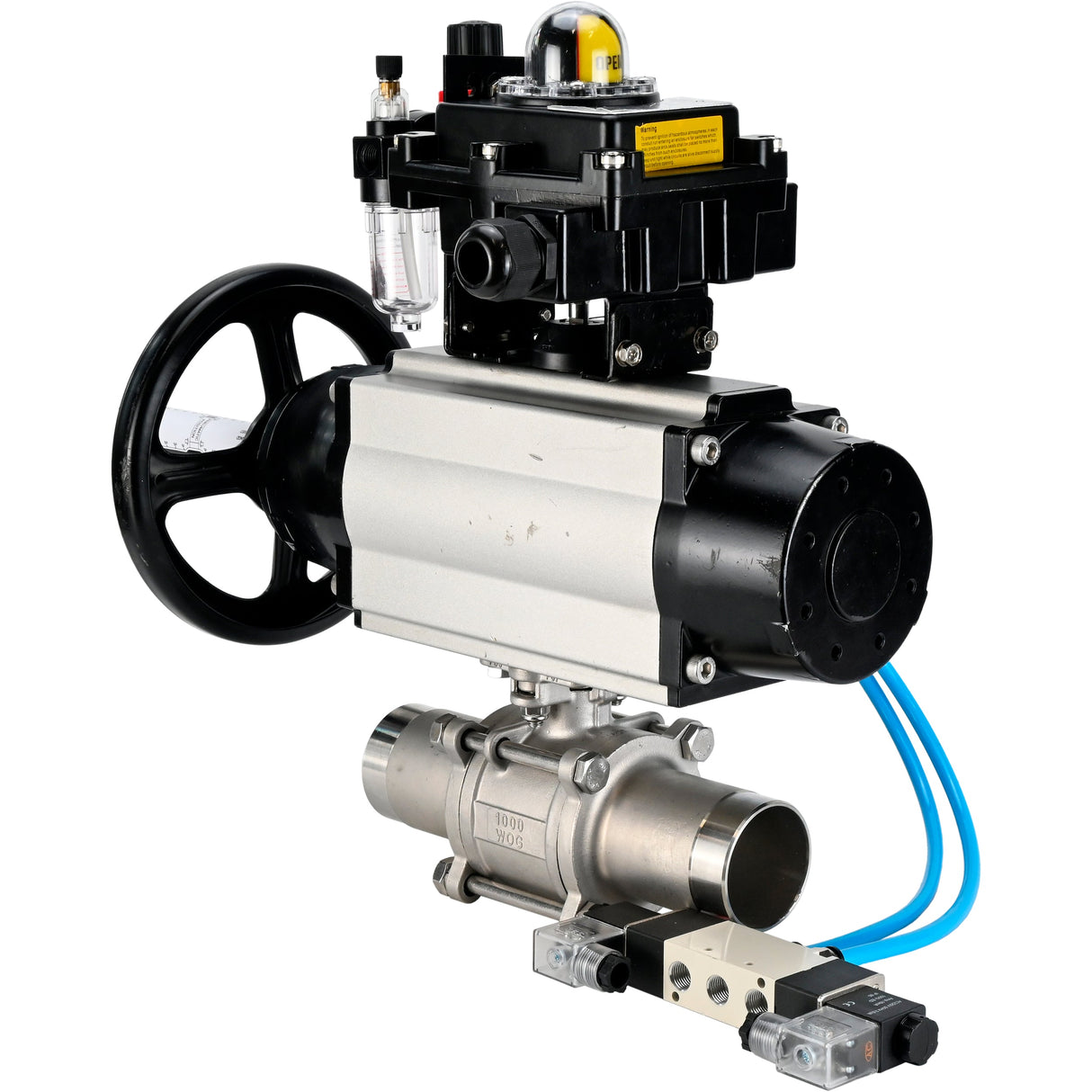 Ball valves Elephant BV3131P(3pc)-FP-W-ISO-H LONG, body material - Stainless steel AISI 304, seal - PTFE / PTFE / Teflon, with pneumatic actuator double action PA-DA-105-1, 4V320-10 220V, LSU APL-410N Ex, ATU AFC2000