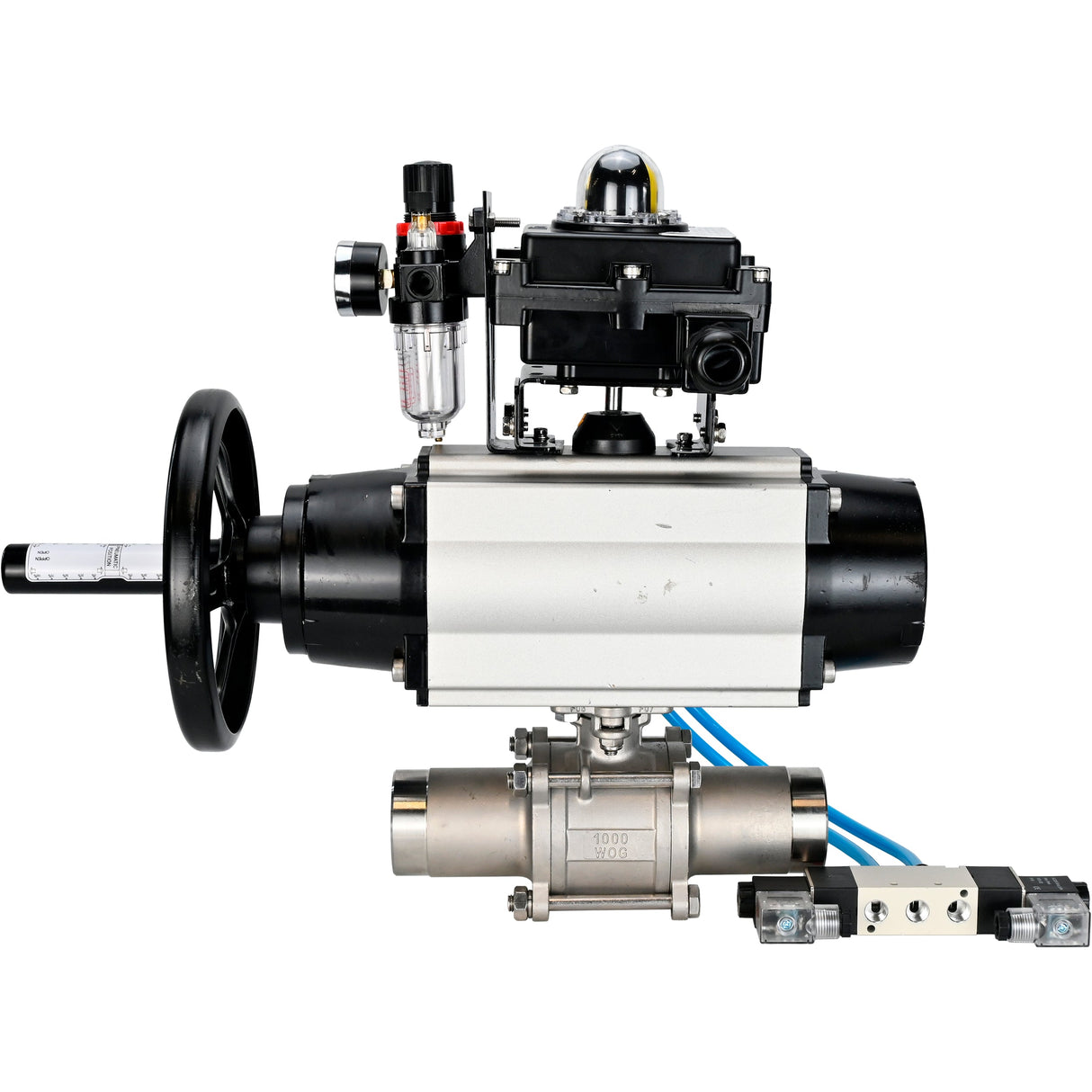 Ball valves Elephant BV3131P(3pc)-FP-W-ISO-H LONG, body material - Stainless steel AISI 304, seal - PTFE / PTFE / Teflon, with pneumatic actuator double action PA-DA-105-1, 4V320-10 220V, LSU APL-410N Ex, ATU AFC2000