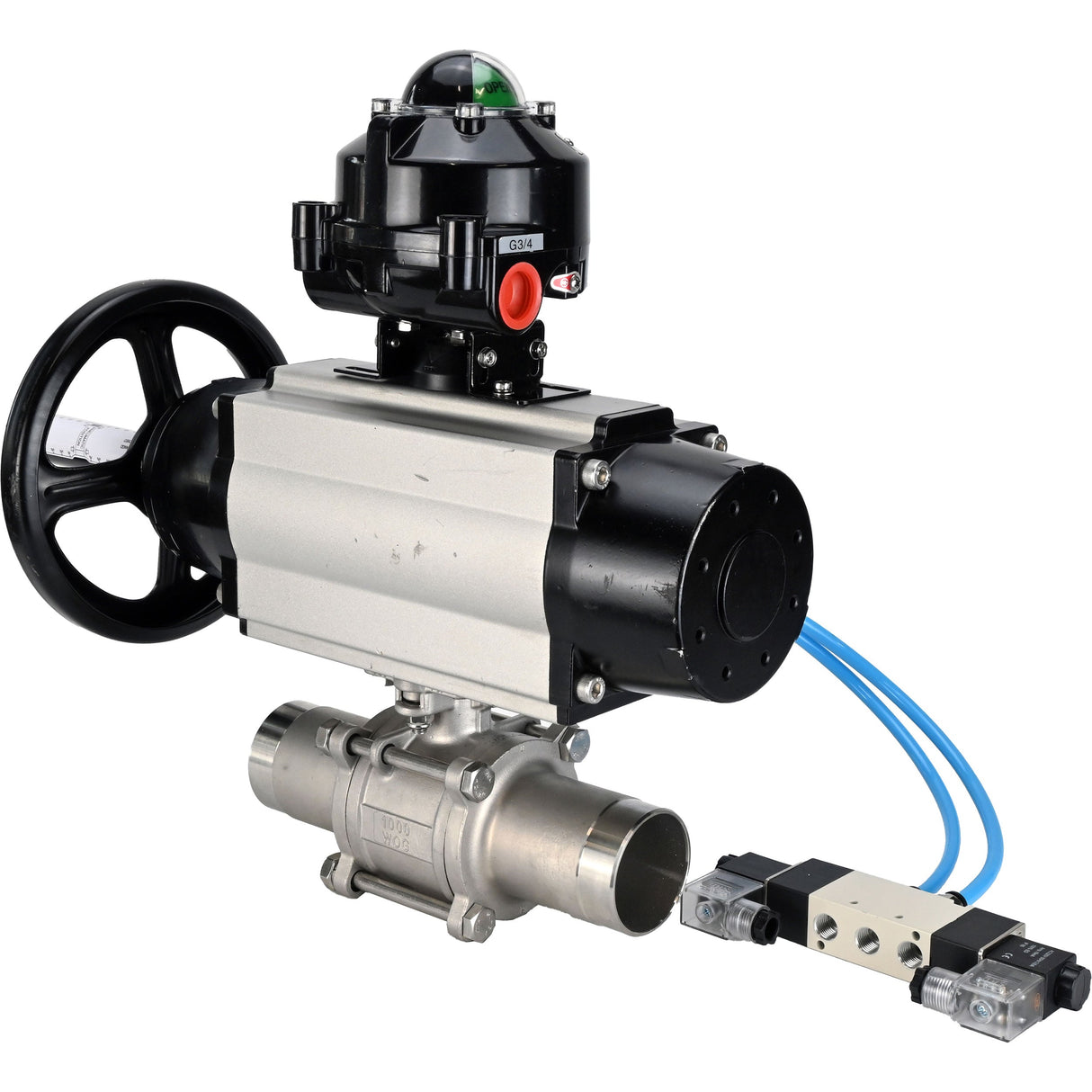 Ball valves Elephant BV3131P(3pc)-FP-W-ISO-H LONG, body material - Stainless steel AISI 304, seal - PTFE / PTFE / Teflon, with pneumatic actuator double action PA-DA-105-1, 4V320-08 220V, LSU APL-510N Ex