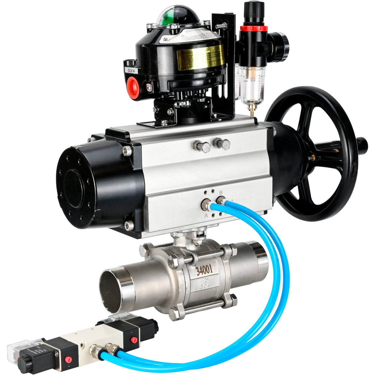 Ball valves Elephant BV3131P(3pc)-FP-W-ISO-H LONG, body material - Stainless steel AISI 304, seal - PTFE / PTFE / Teflon, with pneumatic actuator double action PA-DA-105-1, 4V320-10 220V, LSU APL-510N Ex, ATU AFC2000