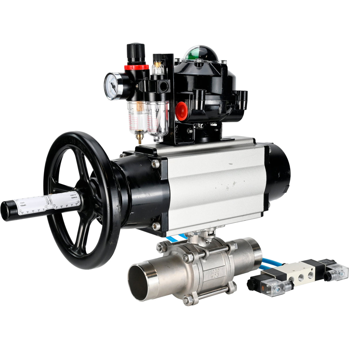 Ball valves Elephant BV3131P(3pc)-FP-W-ISO-H LONG, body material - Stainless steel AISI 304, seal - PTFE / PTFE / Teflon, with pneumatic actuator double action PA-DA-105-1, 4V320-10 220V, LSU APL-510N Ex, ATU AFC2000