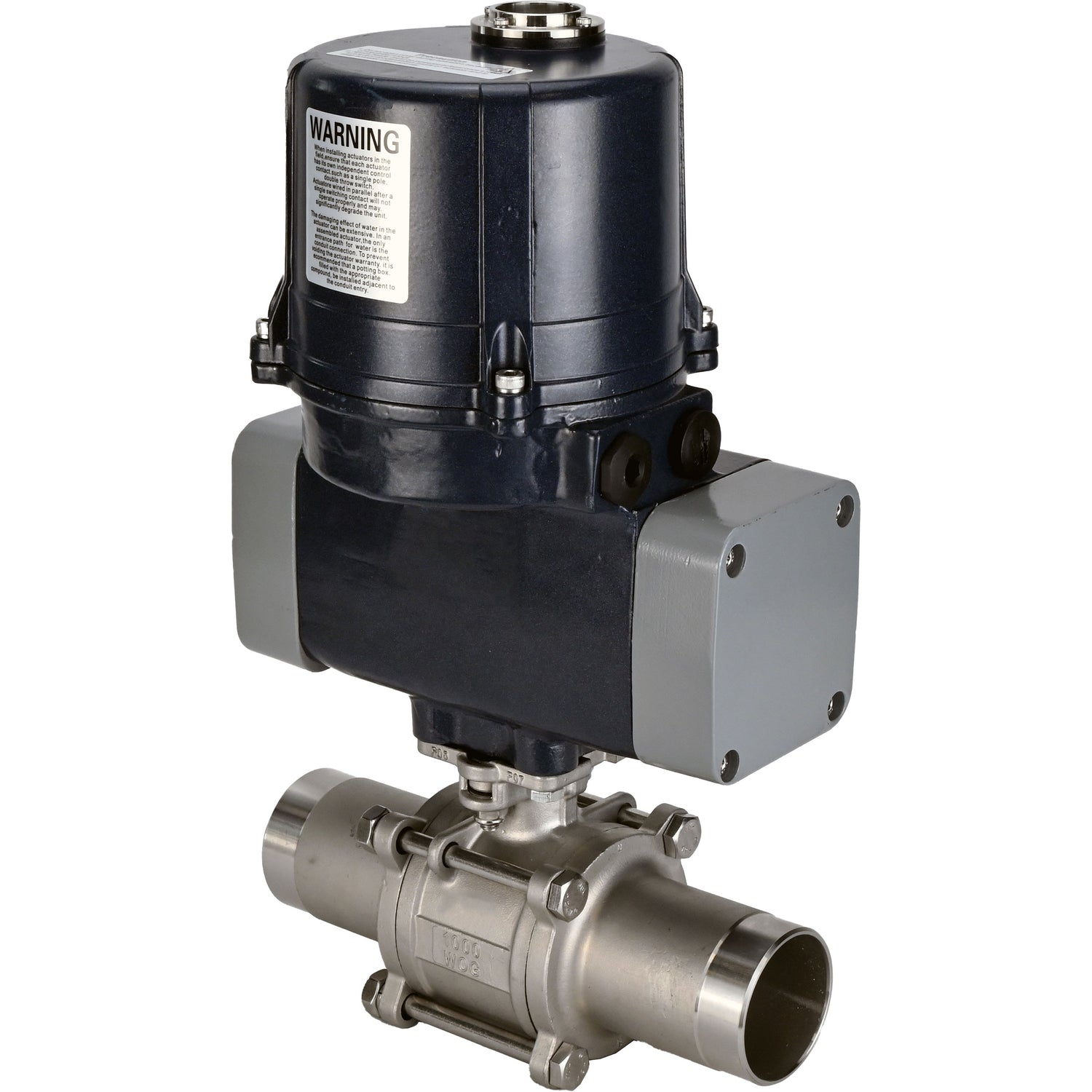 Ball valves Elephant BV3232P(3pc)-FP-W-ISO-H LONG full bore, welded, body - SS316 stainless steel, seal - PTFE, with electric quarter turn actuator Elephant QTSA-N-EM-O0-220VAC
