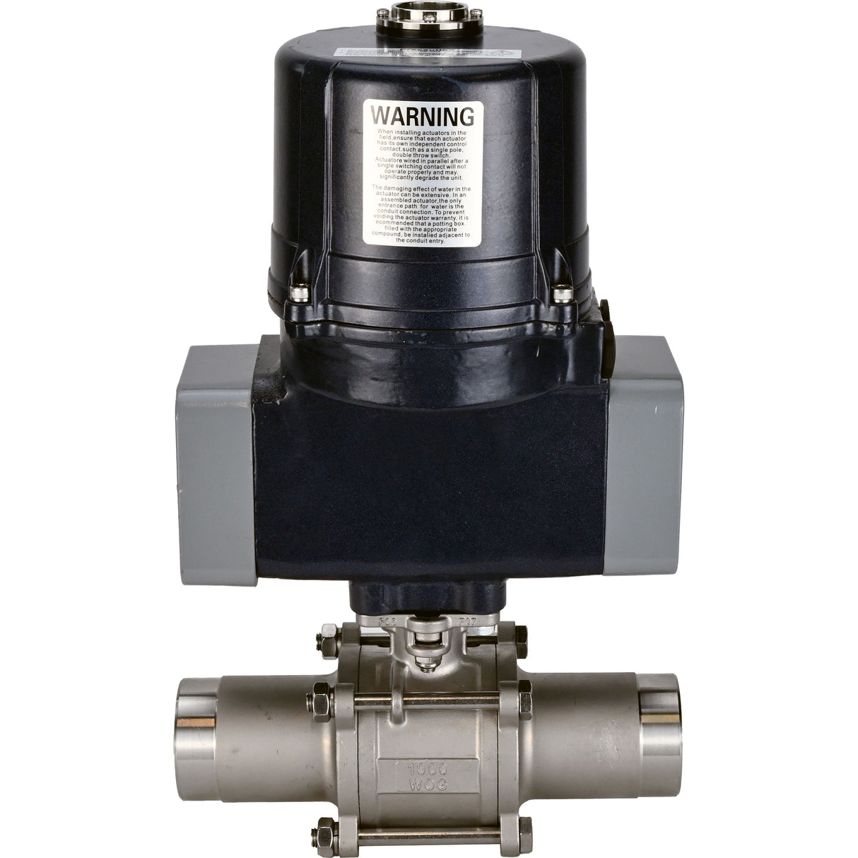 Ball valves Elephant BV3232P(3pc)-FP-W-ISO-H LONG full bore, welded, body - SS316 stainless steel, seal - PTFE, with electric quarter turn actuator Elephant QTSA-N-EM-O0-220VAC