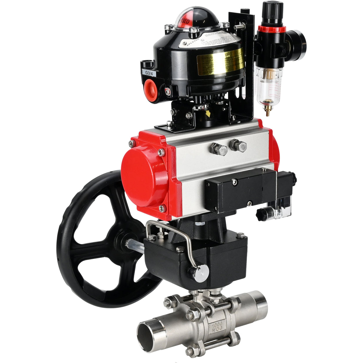 Ball valves Elephant BV3232P(3pc)-FP-W-ISO-H LONG DN50-150 full bore, body - stainless steel 316, for welding, with pneumatic actuator PA-DA, pneumatic distributor 4M310-08 NAMUR 24V, MON gearbox, LSU APL-510N EX and ATU AFC2000