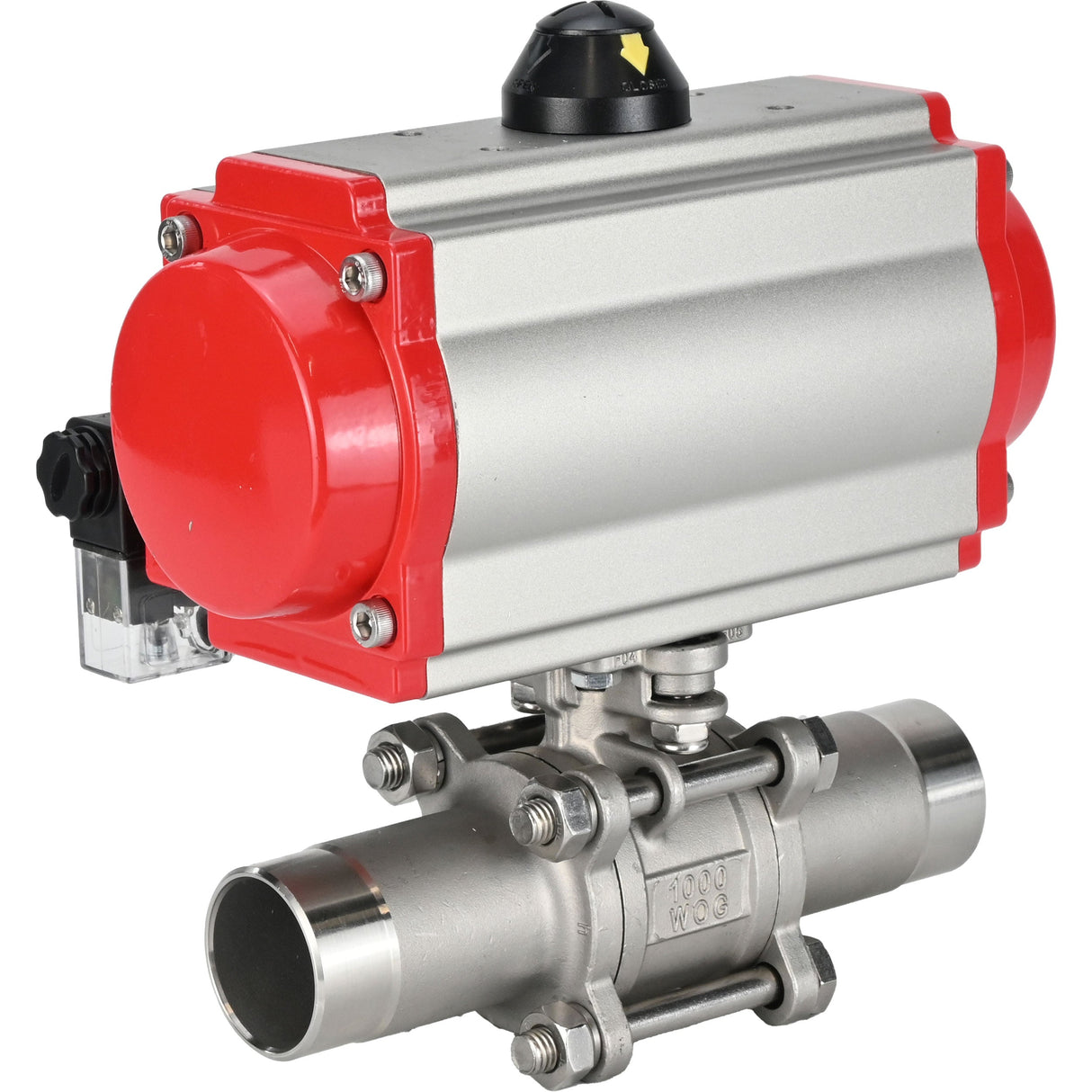 Ball valves Elephant BV3232P(3pc)-FP-W-ISO-H LONG full bore, body - stainless steel 316, for welding, with pneumatic actuator PA-DA and pneumatic distributor 4M310-08 NAMUR 24V