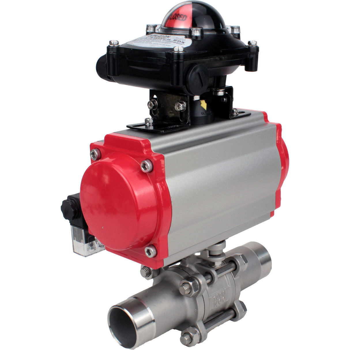 Ball valves Elephant BV3232P(3pc)-FP-W-ISO-H LONG full bore, body - stainless steel 316, welded, with pneumatic actuator Elephant PA-SA, pneumatic distributor 4M310-08 NAMUR 24V and limit switch block APL-210N