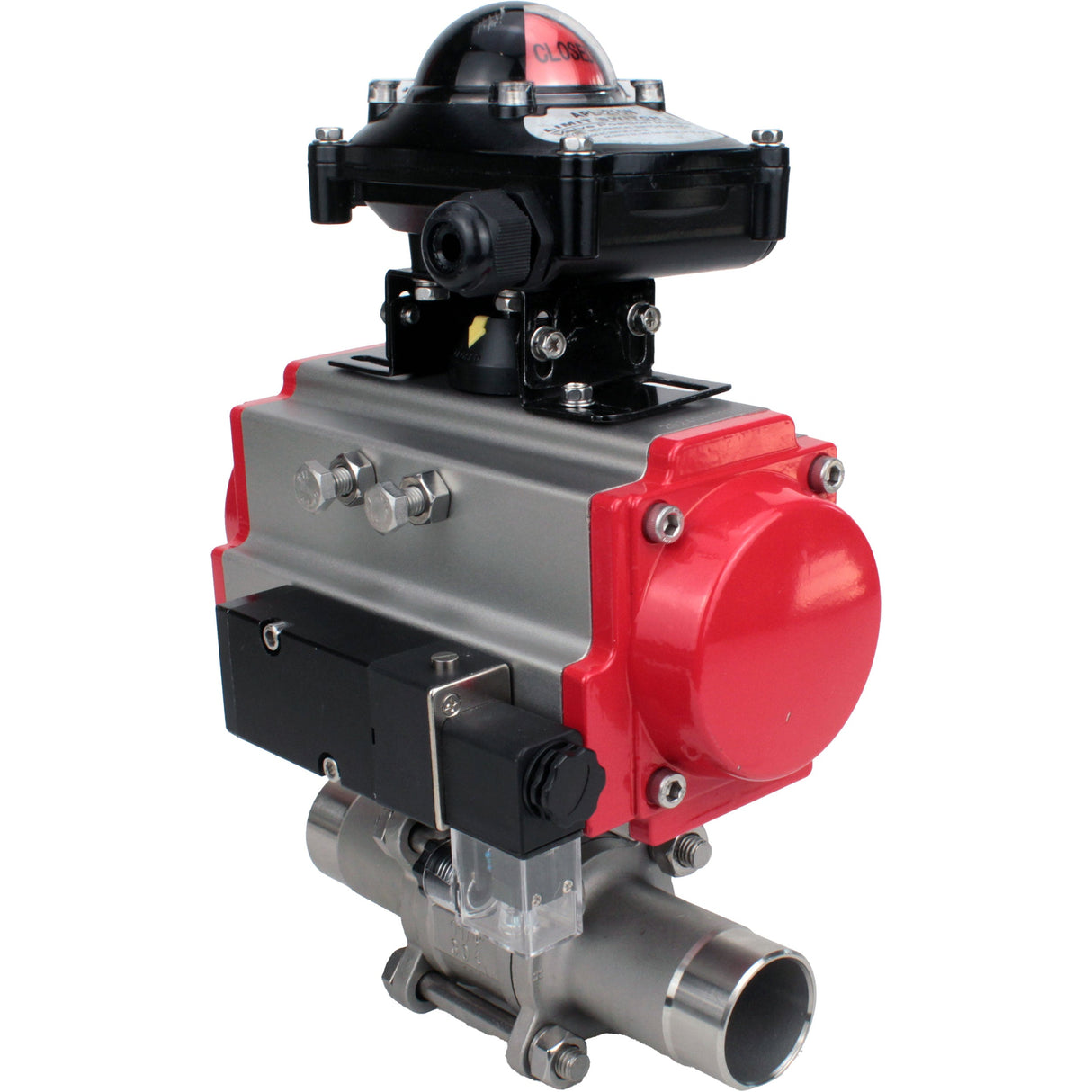 Ball valves Elephant BV3232P(3pc)-FP-W-ISO-H LONG full bore, body - stainless steel 316, for welding, with pneumatic actuator Elephant PA-SA, pneumatic distributor 4M310-08 NAMUR 220V and limit switch block APL-210N