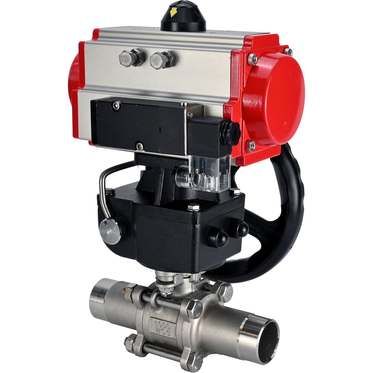 Ball valves Elephant BV3232P(3pc)-FP-W-ISO-H LONG full bore, body - stainless steel 316, for welding, with pneumatic actuator PA-DA, pneumatic distributor 4M310-08 NAMUR 220V and MON reducer