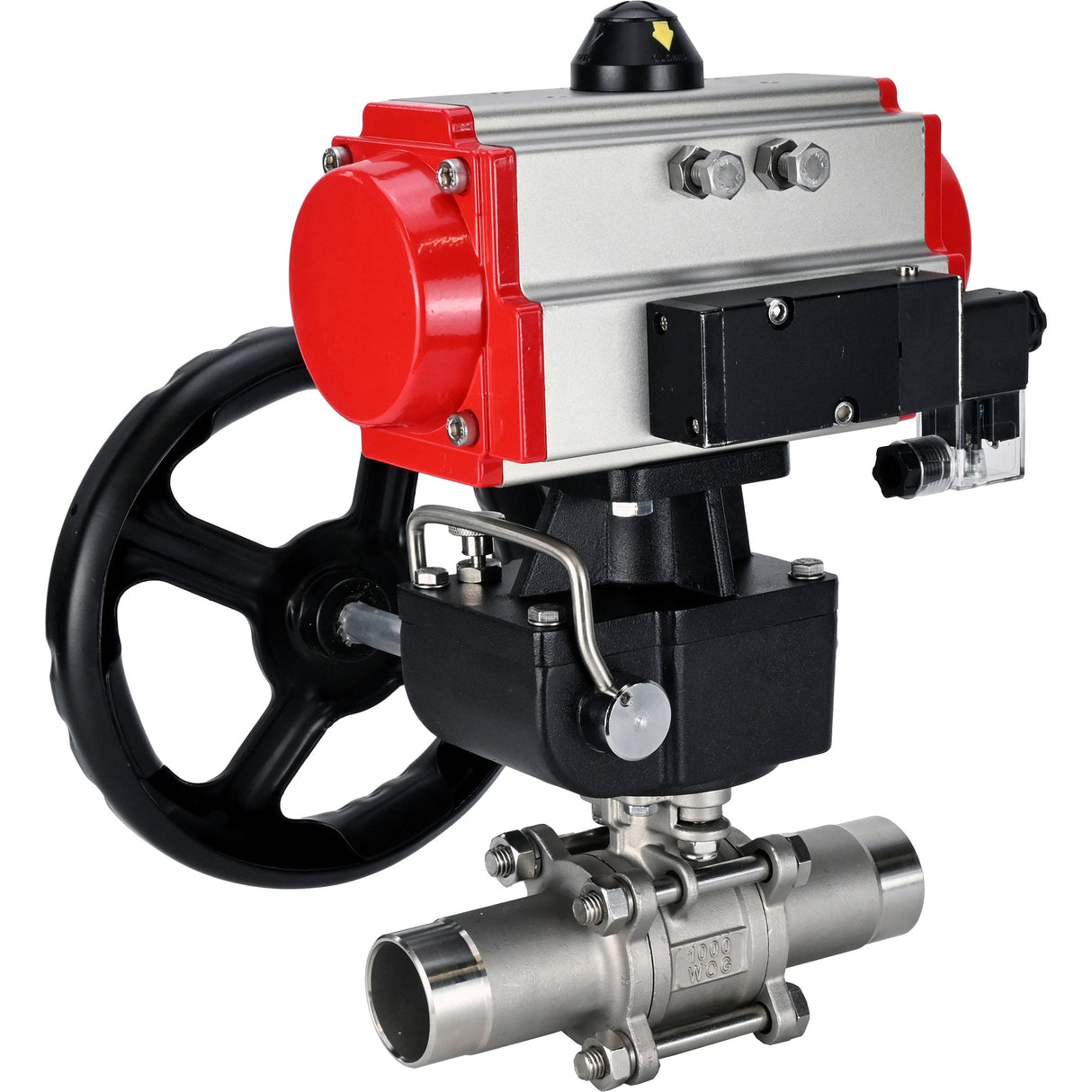 Ball valves Elephant BV3232P(3pc)-FP-W-ISO-H LONG full bore, body - stainless steel 316, for welding, with pneumatic actuator PA-DA, pneumatic distributor 4M310-08 NAMUR 24V and MON reducer
