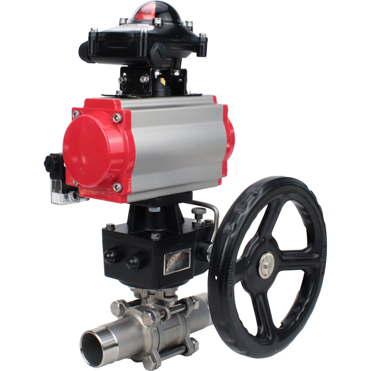 Ball valves Elephant BV3232P(3pc)-FP-W-ISO-H LONG DN50-150 full bore, body - stainless steel 316, welded, with pneumatic actuator PA-DA, pneumatic distributor 4M310-08 NAMUR 220V, MON gearbox and block limit switches APL-210N