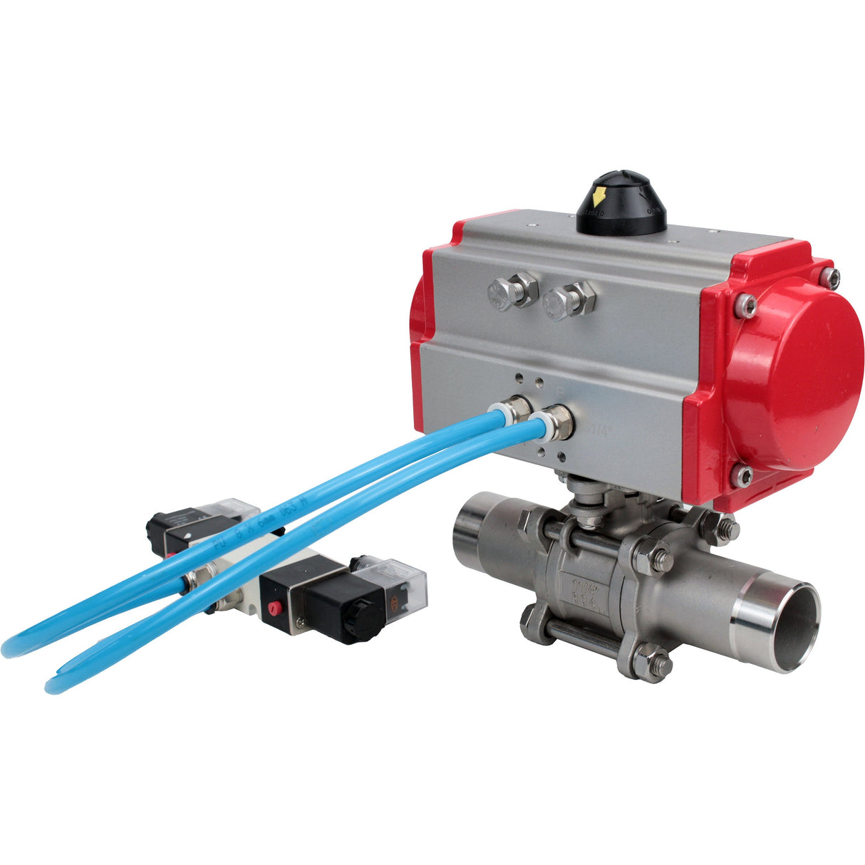 Ball valves Elephant BV3232P(3pc)-FP-W-ISO-H LONG full bore, body - stainless steel 316, for welding, with pneumatic actuator Elephant PA-SA and pneumatic distributor 4V320-10 220V
