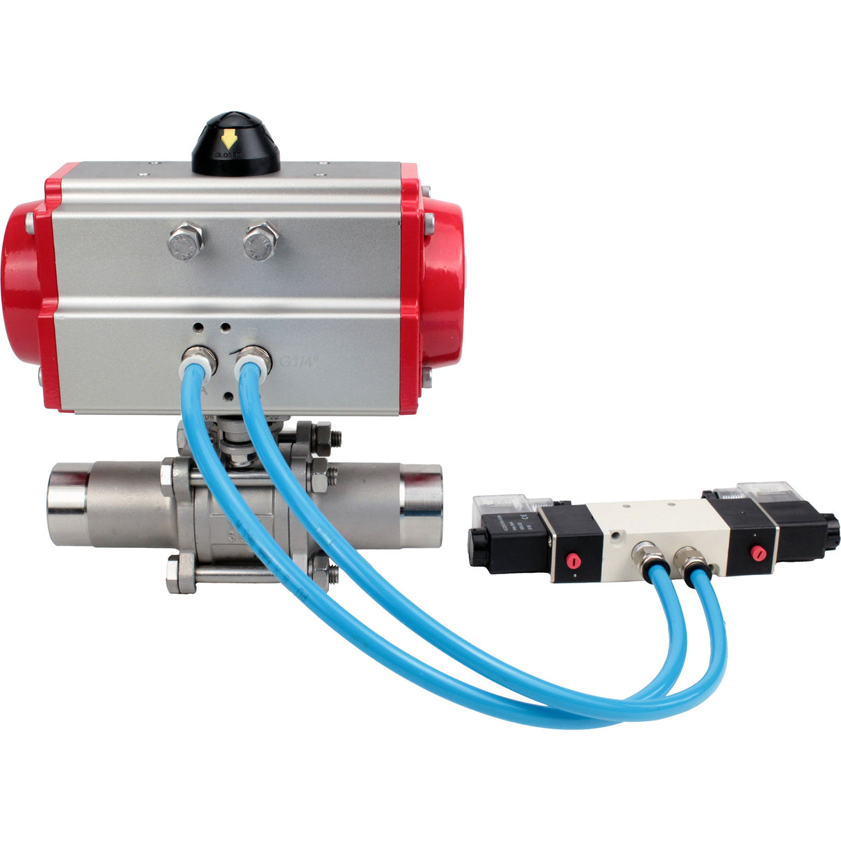 Ball valves Elephant BV3232P(3pc)-FP-W-ISO-H LONG full bore, body - stainless steel 316, for welding, with pneumatic actuator Elephant PA-SA and pneumatic distributor 4V320-10 220V