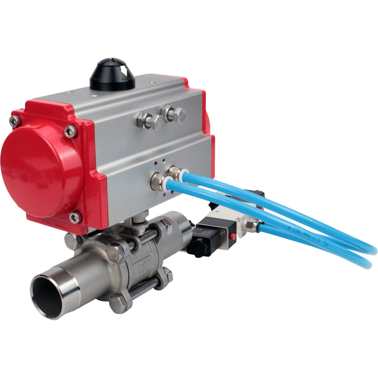 Ball valves Elephant BV3232P(3pc)-FP-W-ISO-H LONG full bore, body - stainless steel 316, for welding, with pneumatic actuator PA-DA and pneumatic distributor 4V320-08 220V