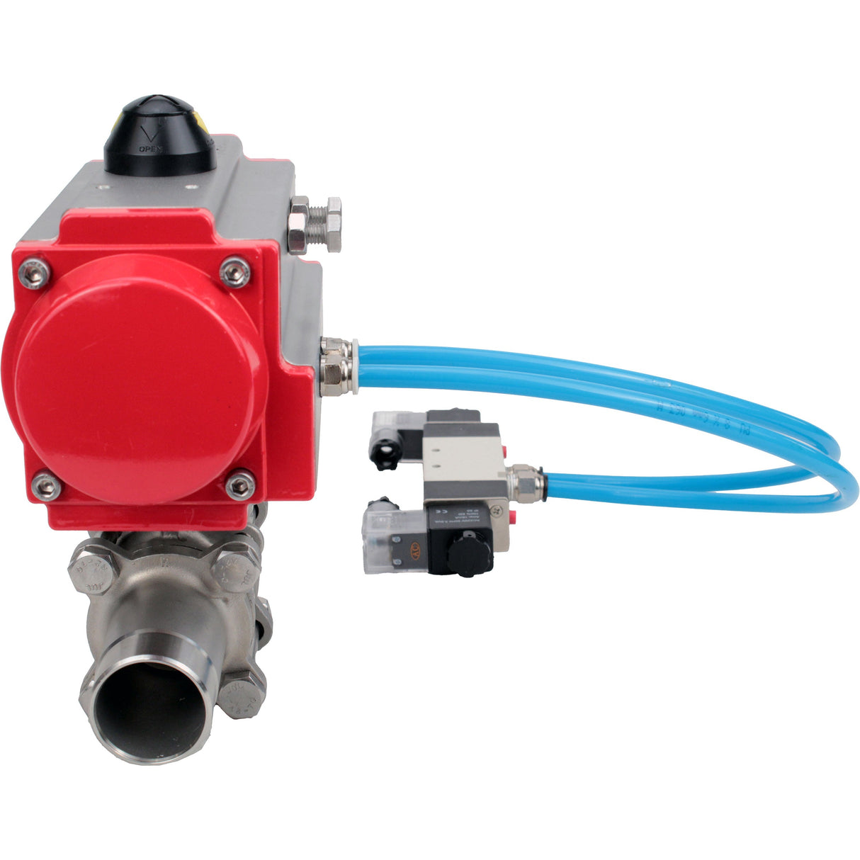 Ball valves Elephant BV3232P(3pc)-FP-W-ISO-H LONG full bore, body - stainless steel 316, for welding, with pneumatic actuator PA-DA and pneumatic distributor 4V320-08 220V