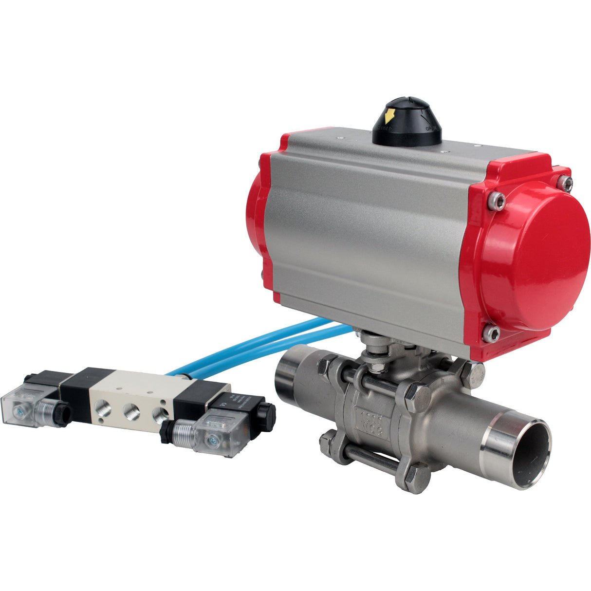 Ball valves Elephant BV3232P(3pc)-FP-W-ISO-H LONG full bore, body - stainless steel 316, for welding, with pneumatic actuator Elephant PA-SA and pneumatic distributor 4V320-08 220V