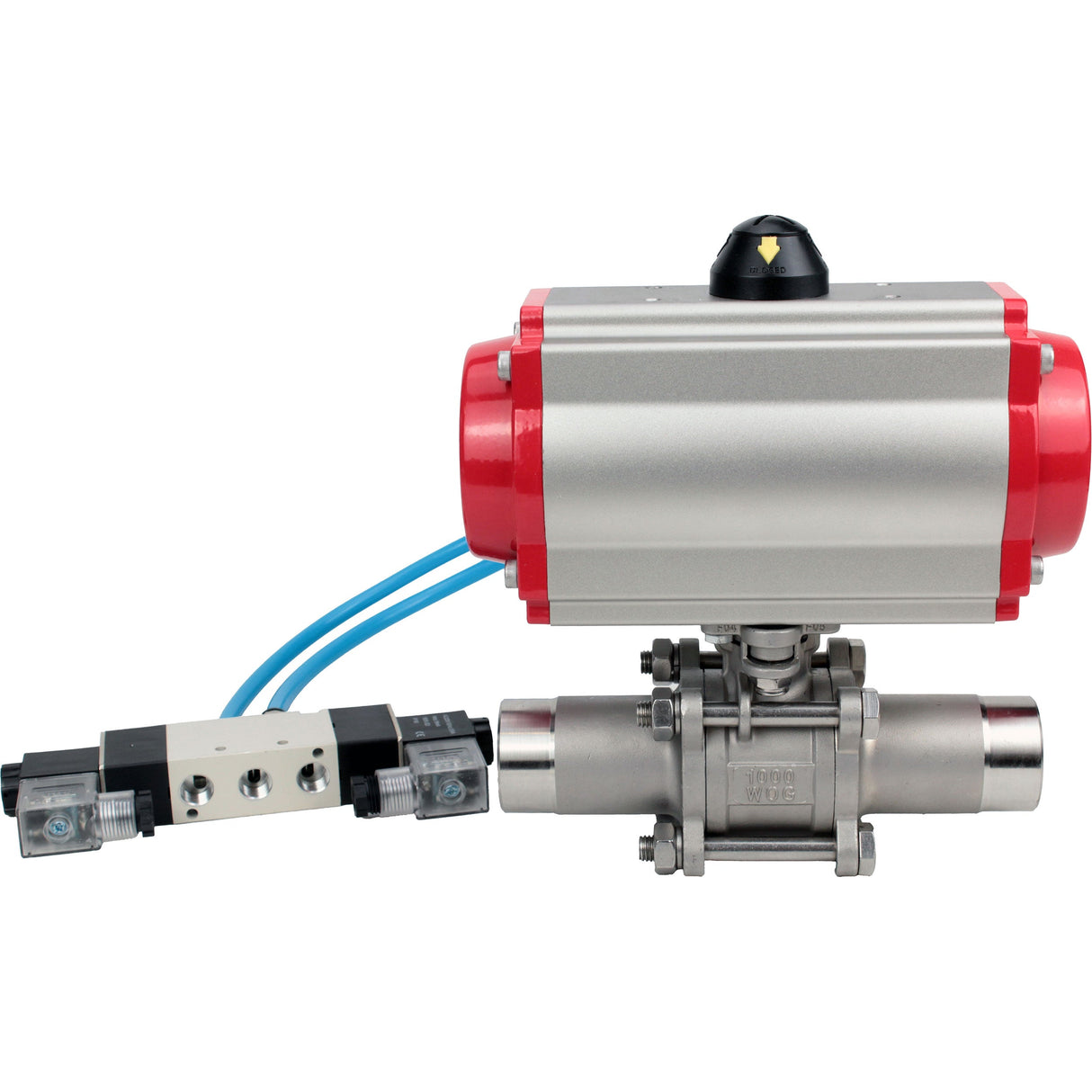 Ball valves Elephant BV3232P(3pc)-FP-W-ISO-H LONG full bore, body - stainless steel 316, for welding, with pneumatic actuator PA-DA and pneumatic distributor 4V320-10 220V